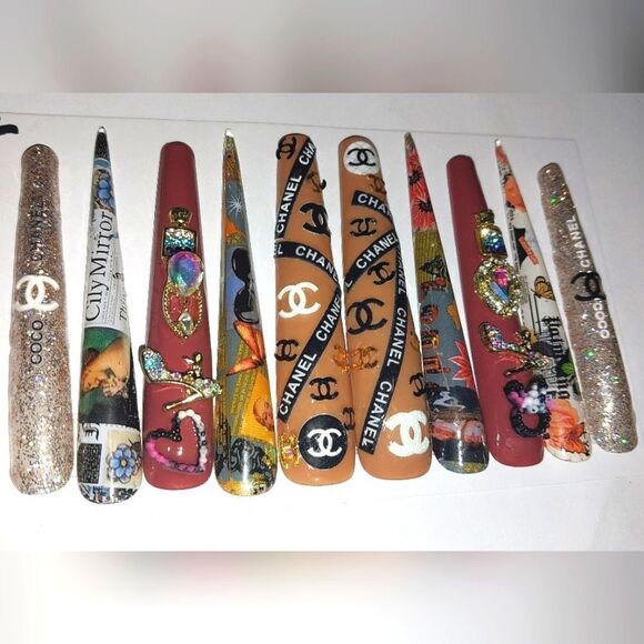 Hand crafted custom print 10pc 3xl acrylic press on nails sz Large - Picture 4 of 6